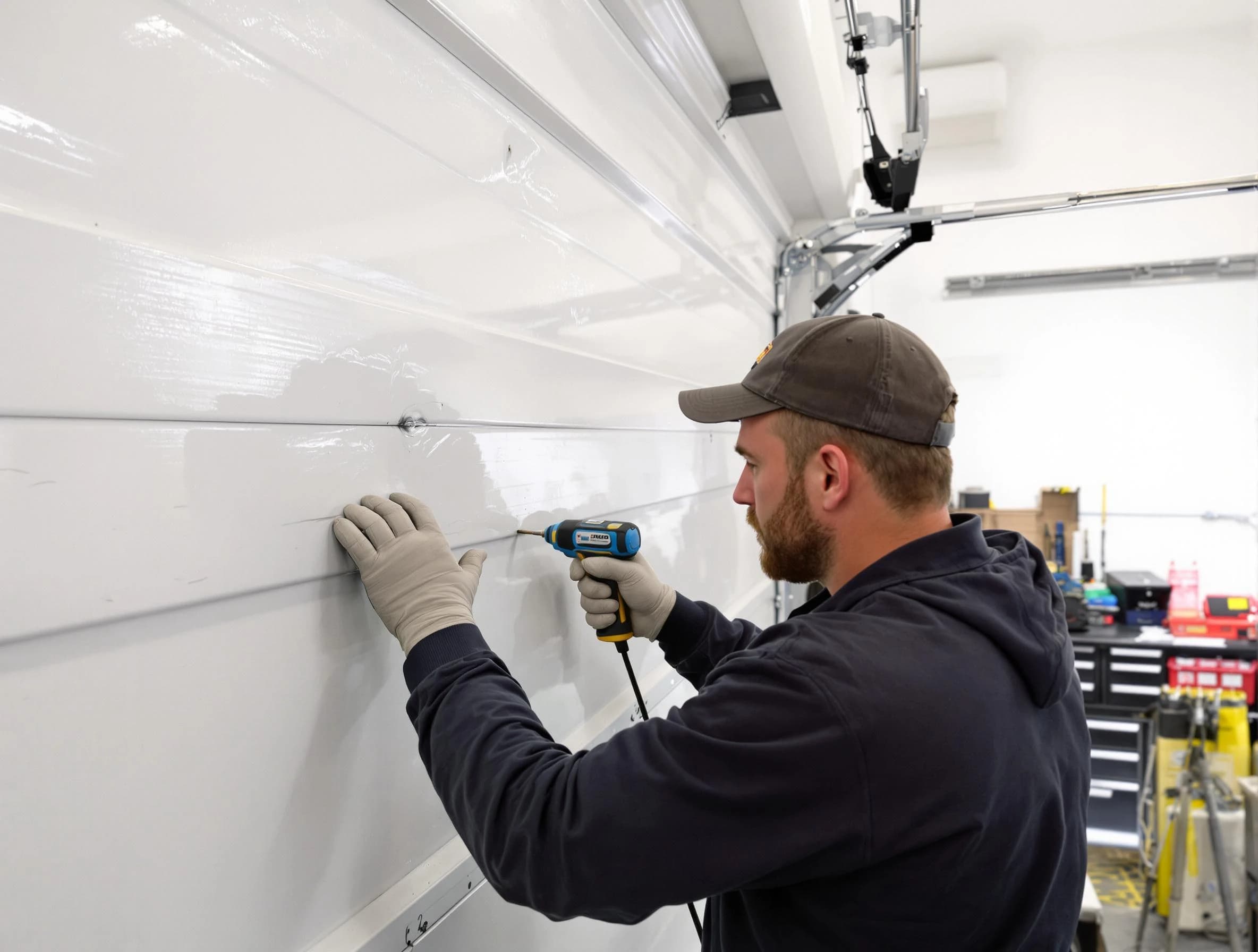 Cottondale Garage Door Repair technician demonstrating precision dent removal techniques on a Cottondale garage door